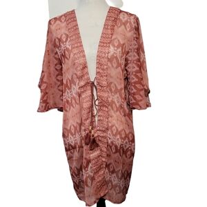 Steve Madden Boho Kimono Cardigan One‎ Size Pink Tribal Print Tie Front NWT